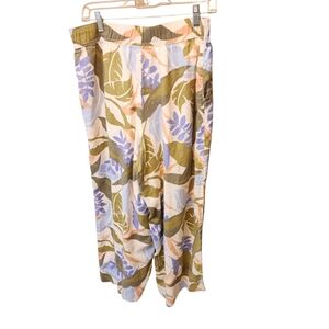 Tahari 100% Linen Floral Print Pants with Green and Purple Accents